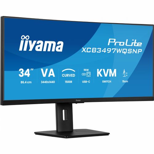 Monitor Iiyama ProLite XCB3497WQSNP, 86,4 cm (34"), 3440 x 1440, 21:9, VA, 350 cd/m2, 0,4 ms, ukrivljen, črna