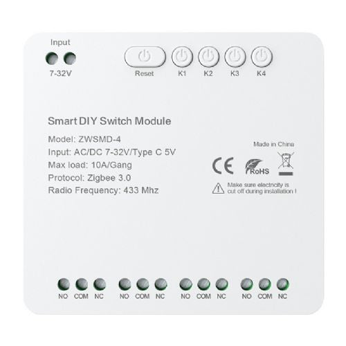 4-kanalni ZigBee stikalni modul z breznapetostnim DC 32V kontaktom Avatto ZWSMMD-4-32V
