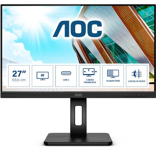 Monitor AOC U27P2CA 68,58 cm (27"), 3840x2160 (4K UHD), IPS, 350 cd/m2, 16:9, 4ms 60Hz HDMI DP USB-C 65W, Pivot Black
