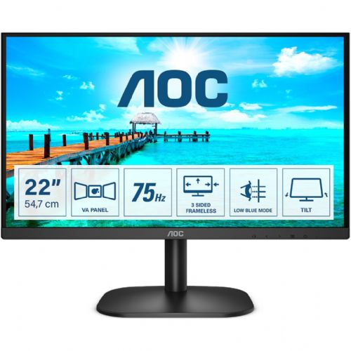 Monitor AOC 22B2H 55,88 cm (22"), 1920 x 1080 FHD, 16:9, VA, 200 cd/m2, 75 Hz, 5ms, HDMI, VGA, črna