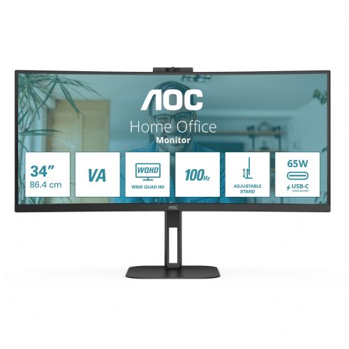Monitor AOC CU34V5CW/BK 86,4 cm (34"), VA, 300 cd/m2, 21:9, HDMI, DP, USB-C 65W, cam