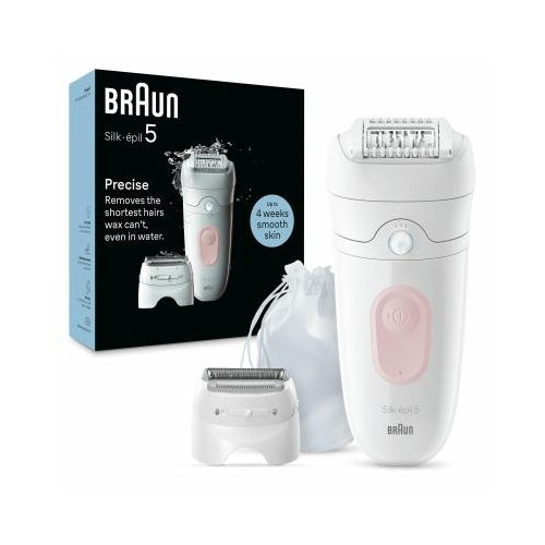 Epilator Braun Silk-epil 5-030, bikini prirezovalnik, nastavek za britje, nastavek za prirezovanje + začetni nastavek za občutljive predele, bel