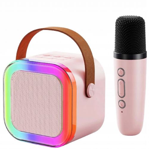 Extralink karaoke set za djecu mini karaoke LED zvučnik 1x mikrofon ružičasti zvučnik, 1x mikrofon, Bluetooth, AUX, utor za SD karticu, RGB osvjetljenje
