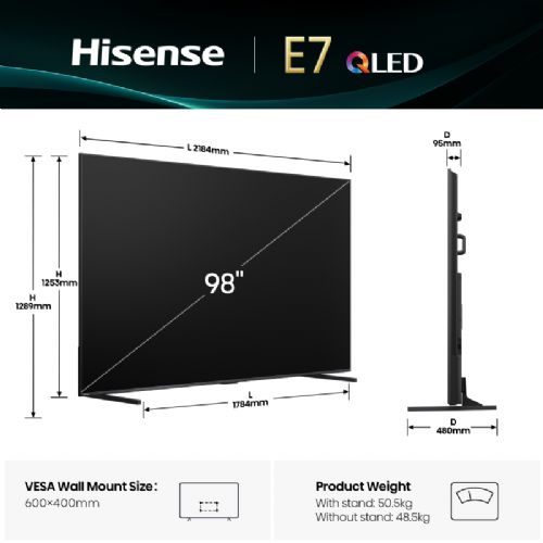 Hisense 98E7Q QLED TV, 247 cm (98"), 4K Ultra HD 3840x2160, Dolby Vision, VIDAA Smart TV