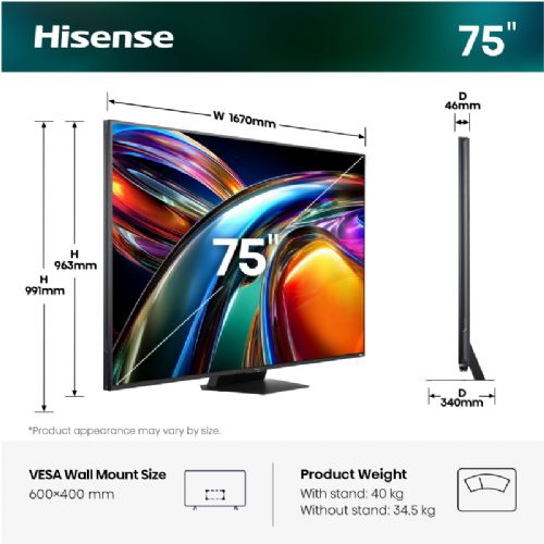Televizor Hisense 75UR9S, 189 cm (75"), 4K RGB MiniLED, 180 Hz, VIDAA, Dolby Vision Atmos
