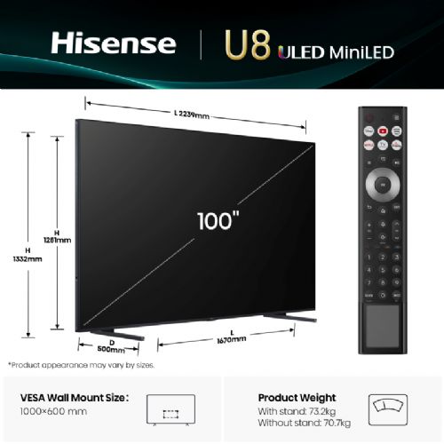 Televizor Hisense 100U8Q, 254 cm (100"), 4K ULED Mini LED PRO, 165 Hz, Dolby Vision Atmos, VIDAA Smart TV