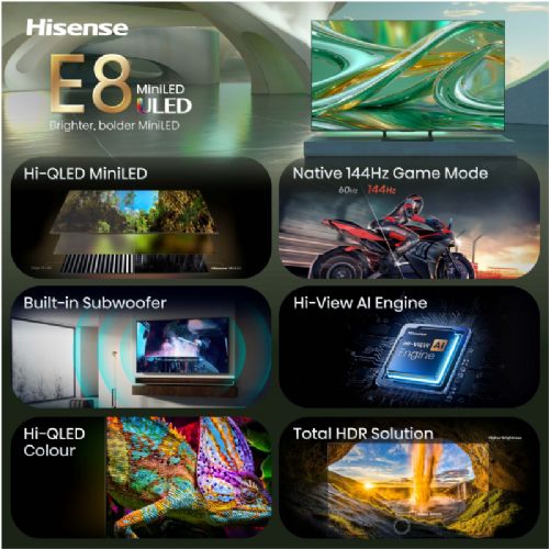 Televizor Hisense 55E8S, 139 cm (55"), 4K ULED MiniLED, 144 Hz, VIDAA Smart TV, Dolby Atmos, črne barve