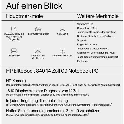 Prenosnik HP EliteBook 840 G9 i5-1235U/16GB/SSD 512GB NVMe/35,6 cm (14") WUXGA/DE/Win11Pro, 3J gar.