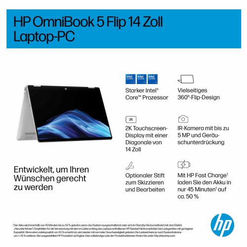 Prenosni računalnik HP OmniBook 5 Flip Intel Core 5 120U, 35,6cm (14") 2K IPS na dotik, 16GB RAM, 512GB SSD, DE, W11Home, srebrna