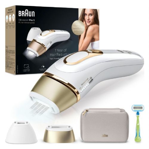 IPL aparat za odstranjevanje dlak Braun Silk-expert Pro PL5152 (bel/zlati, vključno z vrečko + standardnim in širokim nastavkom + britvico Venus)