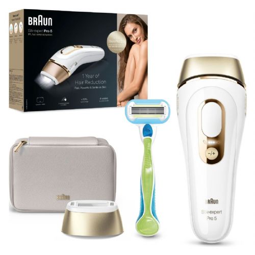 IPL – aparat za trajno odstranjevanje dlak Braun Silk-expert Pro PL5052, IPL tehnologija, 10 nastavitev intenzivnosti, 400.000 svetlobnih impulzov, senzor stika s kožo, bela/zlata, vključuje vrečko in britvico Venus