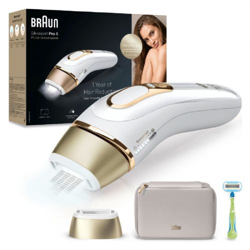 IPL – aparat za trajno odstranjevanje dlak Braun Silk-expert Pro PL5052, IPL tehnologija, 10 nastavitev intenzivnosti, 400.000 svetlobnih impulzov, senzor stika s kožo, bela/zlata, vključuje vrečko in britvico Venus
