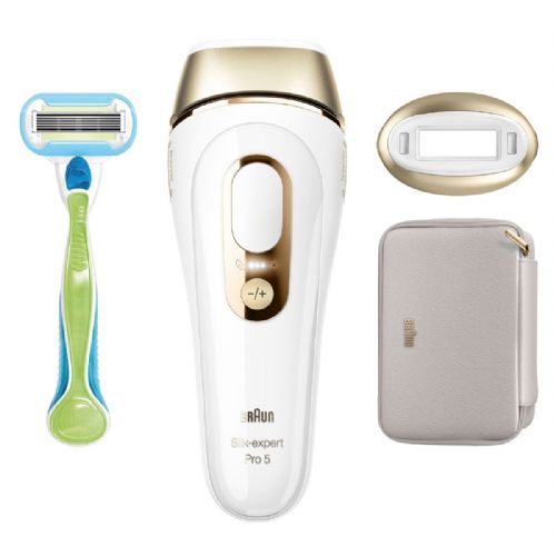 IPL – aparat za trajno odstranjevanje dlak Braun Silk-expert Pro PL5052, IPL tehnologija, 10 nastavitev intenzivnosti, 400.000 svetlobnih impulzov, senzor stika s kožo, bela/zlata, vključuje vrečko in britvico Venus