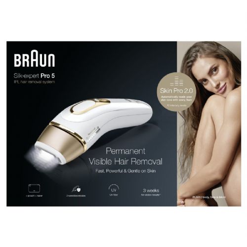 IPL – aparat za trajno odstranjevanje dlak Braun Silk-expert Pro PL5052, IPL tehnologija, 10 nastavitev intenzivnosti, 400.000 svetlobnih impulzov, senzor stika s kožo, bela/zlata, vključuje vrečko in britvico Venus