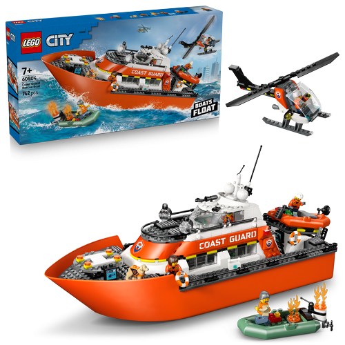 Kocke Lego City Reševalni čoln obalne straže s helikopterjem, 742 kock, od 7. let (60504)