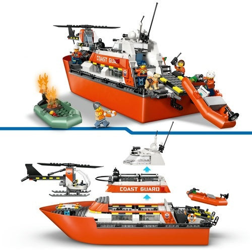 Kocke Lego City Reševalni čoln obalne straže s helikopterjem, 742 kock, od 7. let (60504)