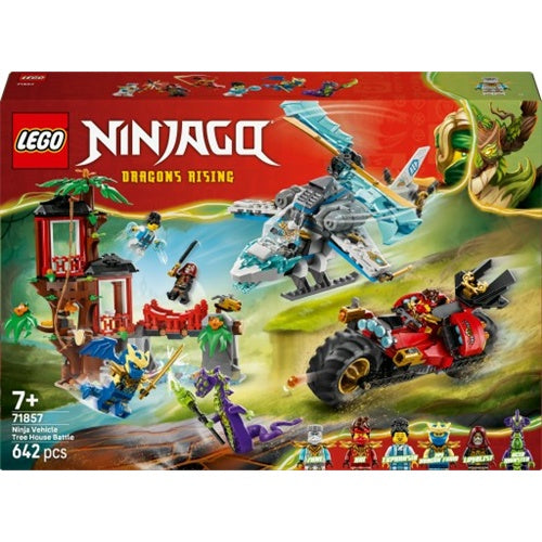 Kocke Lego Ninjago Obračun v hišici na drevesu z nindža motorjem, 642 kock, od 7. let (71857)