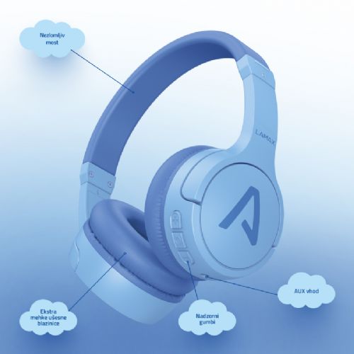 Slušalke LAMAX BaseKid1, Bluetooth 5.3, 35 h baterija, omejitev glasnosti 85/94 dB, modre