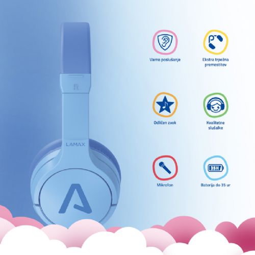 LAMAX BaseKid1 slušalice, Bluetooth 5.3, baterija 35 h, ograničenje glasnoće 85/94 dB, plave