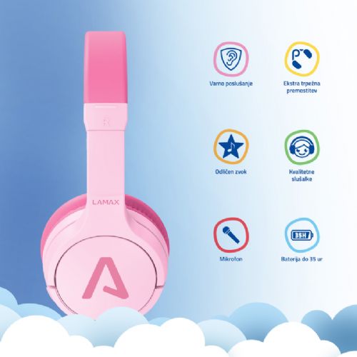 Slušalke LAMAX BaseKid1, Bluetooth 5.3, 35 h baterija, omejitev glasnosti 85/94 dB, roza