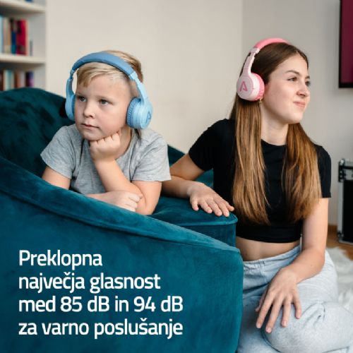 Slušalke LAMAX BaseKid1, Bluetooth 5.3, 35 h baterija, omejitev glasnosti 85/94 dB, roza