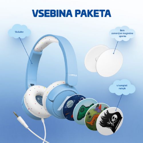 Otroške slušalke LAMAX SoundKid1, 85/94 dB, 40 mm gonilniki, SafeSound2.0, mikrofon, 3,5 mm priklop, modre