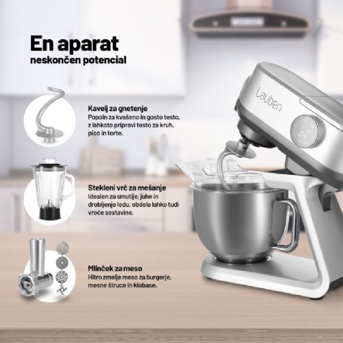 Kuhinjski robot Lauben 1300SG, 1300 W, 5,5 l inox posoda z osvetlitvijo, tehtnica, zaslon na dotik, bogata oprema, srebrn