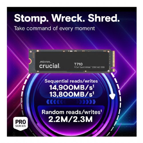 Vgradni SSD disk Crucial T710 4TB PCIe Gen5 NVMe M.2 2280, hitrost branja 14.500 MB/s, hitrost pisanja 13.800 MB/s