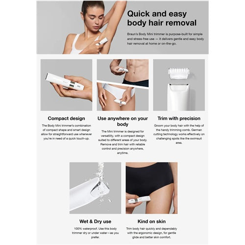 Mini prirezovalnik dlak za telo Braun Body BS1000, bela/krom