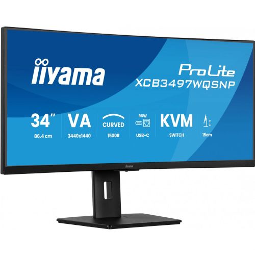 Monitor Iiyama ProLite XCB3497WQSNP-B1 86,4 cm (34" ), WQHD, VA, ukrivljen, Adaptive-Sync, USB-C, USB-vozlišče, 120Hz zaslon, črna