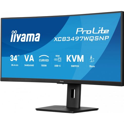 Monitor Iiyama ProLite XCB3497WQSNP-B1 86,4 cm (34" ), WQHD, VA, ukrivljen, Adaptive-Sync, USB-C, USB-vozlišče, 120Hz zaslon, črna