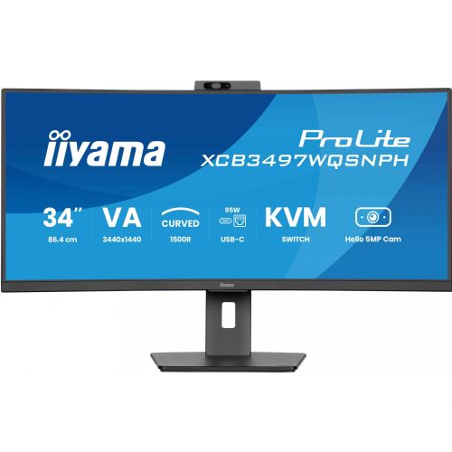 Monitor Iiyama ProLite XCB3497WQSNPH-B1 86,4 cm (34"), UWQHD, VA, ukrivljen, KVM, USB-vozlišče, USB-C, spletna kamera, 120Hz zaslon, črna