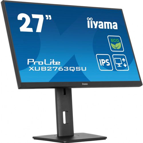 Monitor Iiyama ProLite XUB2763QSU-B1, 68,6 cm (27"), 2560 x 1440 (QHD), 16 : 9, IPS, 350 cd/m2, 2 ms, 100 Hz, HDMI, DP, USB, zvočnik, pivot, črna