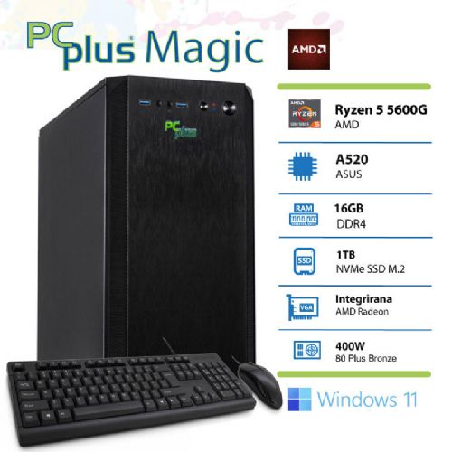 Računalnik PCPLUS Magic AMD Ryzen 5 5600G 16GB 1TB NVMe SSD Windows 11 Home miška in tipkovnica