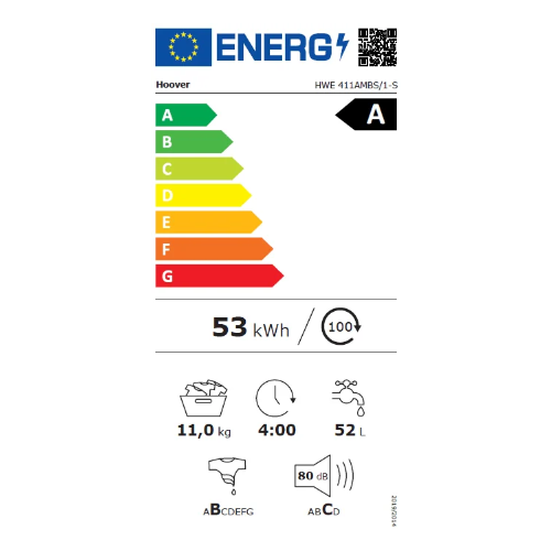Pralni stroj Hoover H5WPB411AMBC/1-S, 11 kg, 1400 obr./min, razred A, širina 60cm