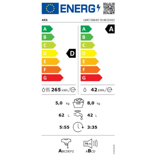 Pralno-sušilni stroj AEG LWR73864O, UniversalDose, 8 kg + 5 kg, Wi-Fi, 59,7 x 84,7 x 63,1 cm