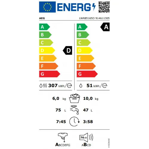 Pralno-sušilni stroj AEG LWR85165O, UniversalDose, 10 kg + 6 kg, Wi-Fi, 59,7 x 84,7 x 63,1 cm