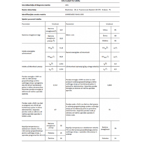 AEG LWR85165O perilica-sušilica rublja, UniversalDose, 10 kg + 6 kg, Wi-Fi, 59,7 x 84,7 x 63,1 cm