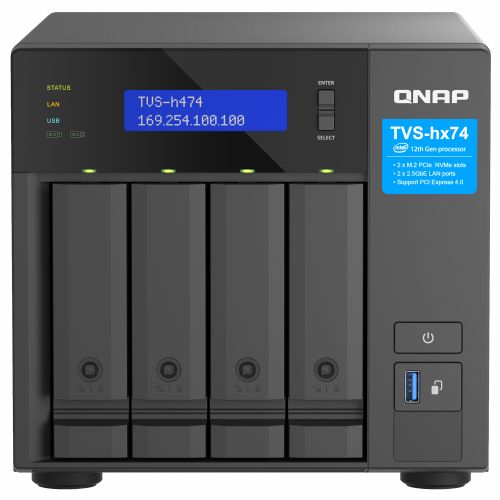 NAS sistem Qnap TVS-H474-PT-8G Intel Pentium Gold G7400 3,7 GHz, 8 GB DDR4, 4x reža, M.2 NVMe predpomnilnik, 2,5 GbE, QuTS hero
