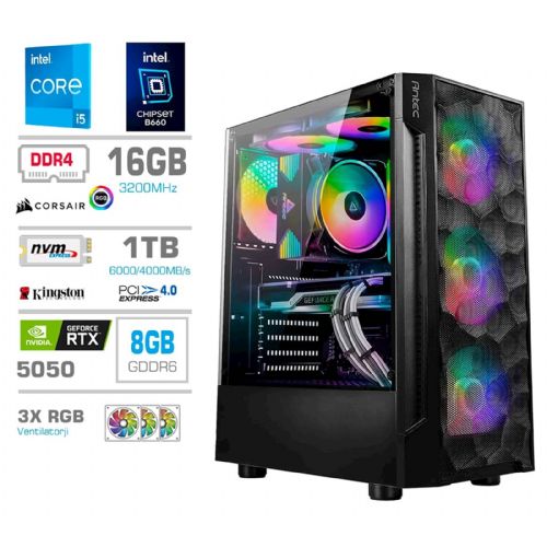 Namizni računalnik PCX Exam i5-14400F, 16 GB RAM, 1 TB SSD, RTX 5050, 750 W napajalnik