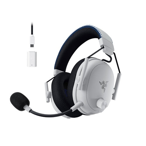Slušalke Razer BlackShark V3 Pro za PlayStation (bele/črne, ANC, 2,4 GHz adapter, Bluetooth, USB, 3,5 mm vtičnica)