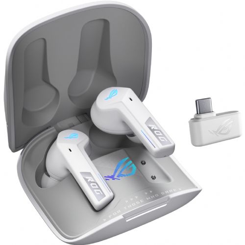 Slušalke Asus ROG Cetra True Wireless SpeedNova bele, aktivno odpravljanje šumov, Bluetooth, zaprte, 1 cm neodimski gonilnik, večbarvna osvetlitev