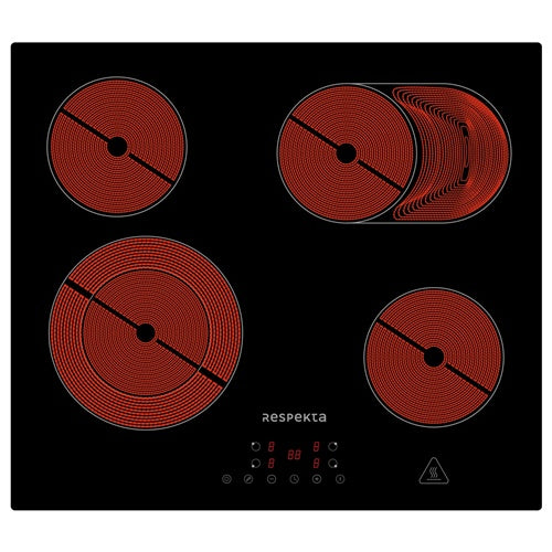 Steklokeramična kuhalna plošča Respekta KM5500-28, 4 električne kuhalne cone, upravljanje na dotik, dvojno kuhališče, časovnik, varnostne funkcije