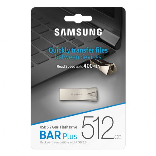 USB 512GB Samsung BAR Plus srebrn, USB 3.1, 400 MB/s, kovinsko ohišje, vodoodporen