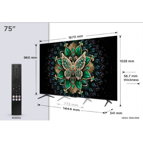 Televizor TCL 75C61K 190 cm (75''), 3840x2160 (4K UHD), QD-Mini LED, Google TV, 144Hz, Onkyo zvok z Dolby Atmos