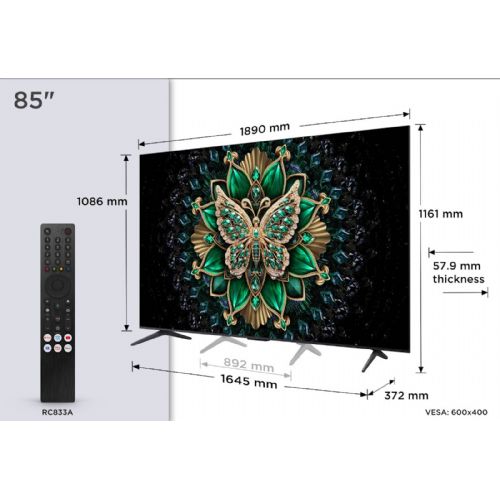 Televizor TCL 85C61K 215 cm (85''), 3840x2160 (4K UHD), Mini LED QLED, Google TV, 144Hz, Onkyo zvok z Dolby Atmos 85C61K