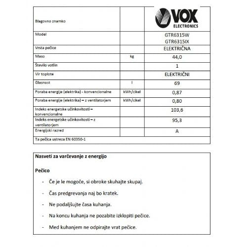 Kombinirani štedilnik VOX GTR 6315 W, 1 električna + 3 plinske plošče, ventilacijska pečica (69 l), bel