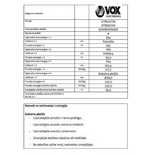 Kombinirani štedilnik VOX GTR 6315 W, 1 električna + 3 plinske plošče, ventilacijska pečica (69 l), bel