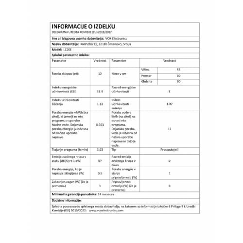 Pomivalni stroj Vox LC 20 E, razred E, 12 pogrinjkov, 5 programov, bel