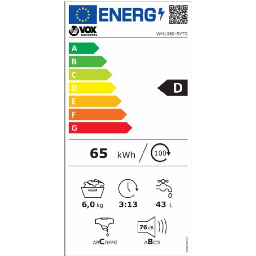 Pralni stroj VOX WM 1060-SYTD, razred D, 6 kg, 1000 obr./min, 15 programov, 59,7 x 84,5 x 49,7 cm, bela